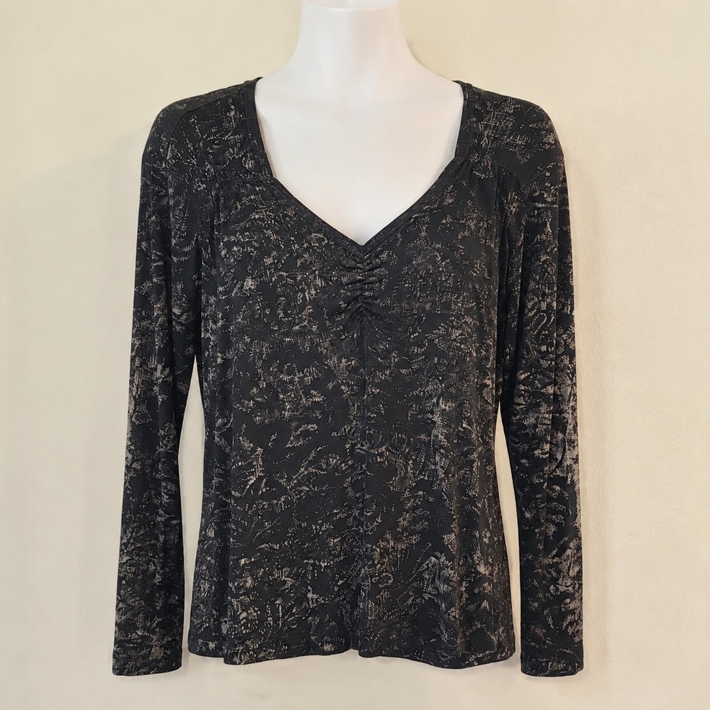 Chicos Blouse Size Small Travelers Black Silver Metallic V-Neck Long Sleeve